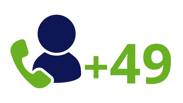 Landnummer Duitsland +49 - donkerblauw pictogram persoon - groene telefoon - groen landnummer - op transparante achtergrond - 600 * 337 pixels 